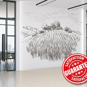May include: A black and white sketch of a field of wheat with trees and clouds in the background. A red circle with the text "Guarantee Satisfaction" is in the foreground.