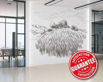 Farm Mural Wallpaper, Countryside Large Wall Mural / Rustic Wheat Field Toile mural print - Removable Peel & Stick or Non-pasted
