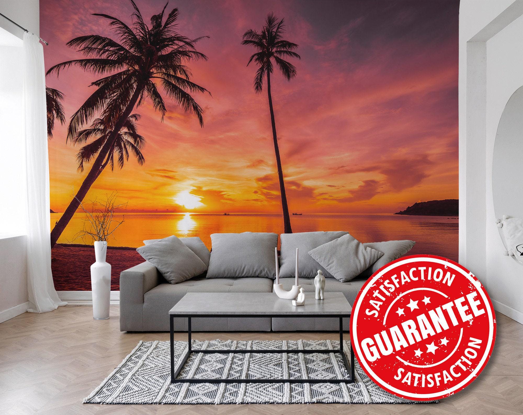Beach Sunset Mural Wallpaper, Tropical Palm Trees, Peel & Stick - Etsy