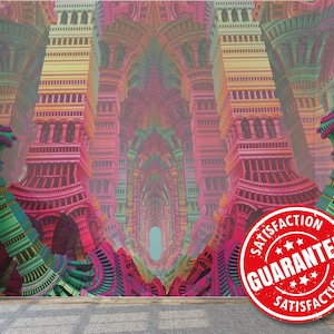 Trippy Fractal Temple removable vinyl mural / Psychedelic Architecture wallpaper mural – Peel & Stick or Non-pasted / 3D Columns mural print