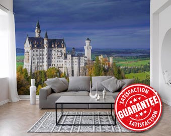 Muurschildering kasteel Neuschwanstein, grote muurmuurschildering - verwijderbaar peel & stick of niet-gelijmd