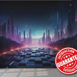 Futuristic Neon Pathway removable vinyl mural / Sci-fi Cityscape wallpaper mural – Peel & Stick or Non-pasted / Digital Horizon mural print