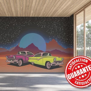 Carta da parati murale in vinile rimovibile con auto retrò / Carta da parati murale Pop Art Highway - Stacca e attacca o non incolla / Stampa murale con corsa futuristica retrò