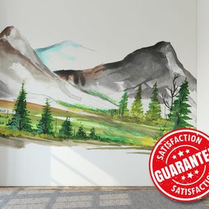 Watercolor Mountain Mural Wallpaper, Alpine Landscape Large Wall Mural Print / Forest and snowy Peaks Removable Peel & Stick or Non-pasted