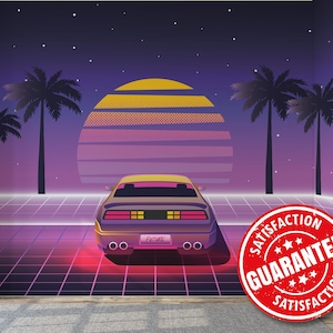 May include: Retro-style wall mural featuring a car with the word "Future" on the license plate, palm trees, and a sunset in shades of purple, yellow, and orange. The scene is set on a grid-like surface under a starry sky.