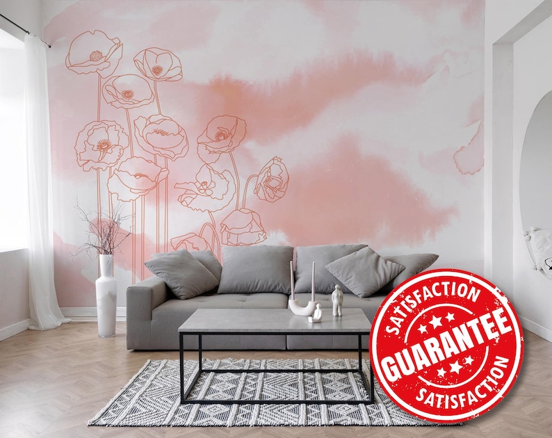 Line Art Poppies Wallpaper Mural – Watercolor Flowers, Peel and Stick ...