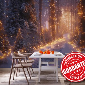 Carta da parati murale rimovibile "Sentiero nel bosco illuminato" / Carta da parati murale "Alberi luminosi" da staccare e attaccare / Stampa murale "Magica foresta innevata"