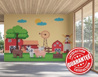 Farm Animal Mural Wallpaper, Barnyard Large Wall Mural Print - Removable Peel & Stick or Non-pasted / Playful Animal Mural Print