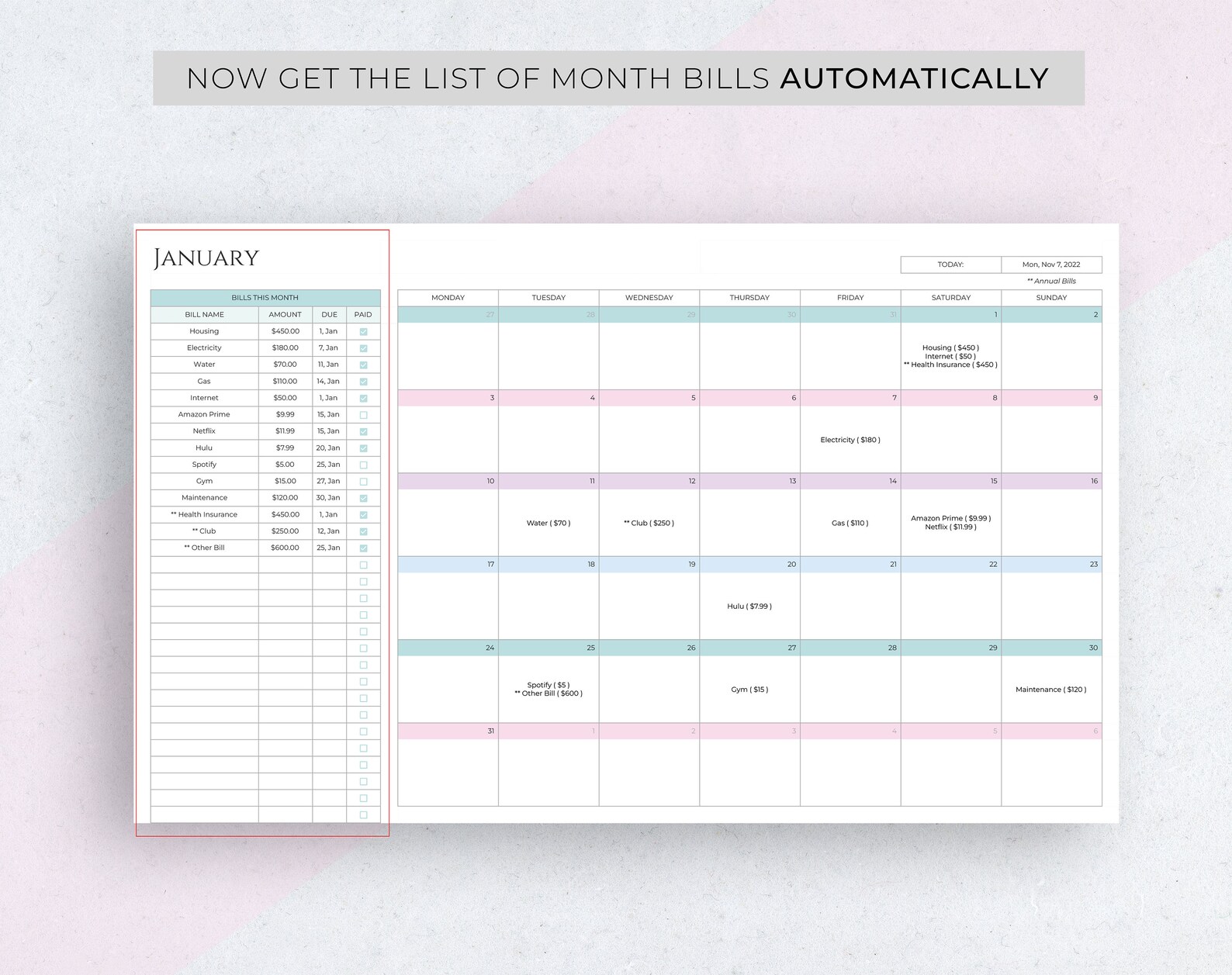 Bill Tracker Google Sheet Template Spreadsheet Bill Calendar - Etsy