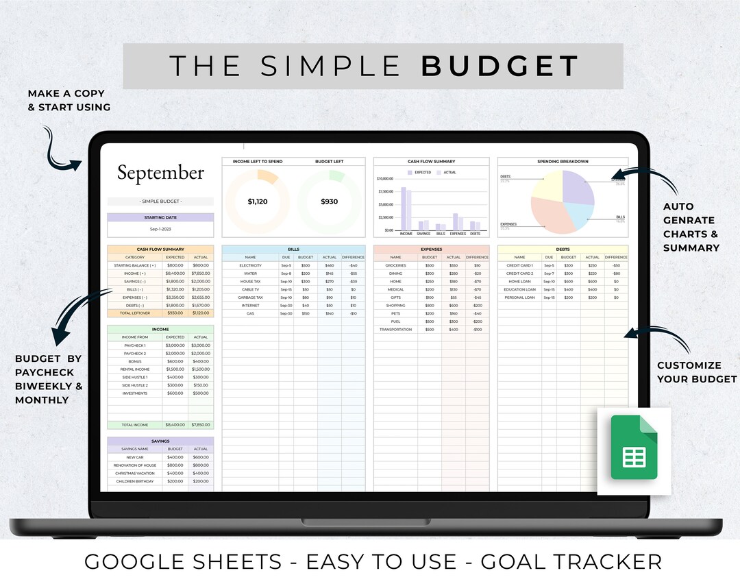 Budget Planner for Google Sheets, Monthly Budget Spreadsheet, Paycheck