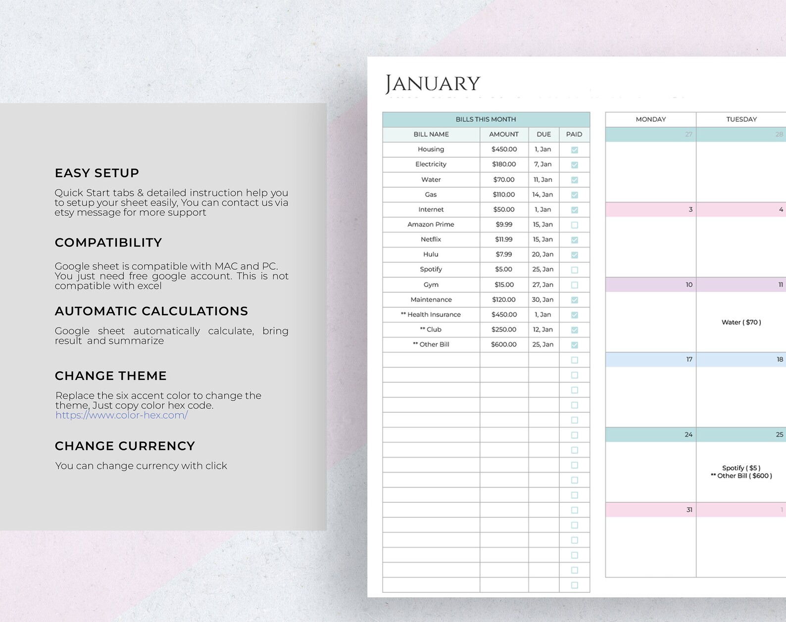 Bill Tracker Google Sheet Template Spreadsheet Bill Calendar - Etsy
