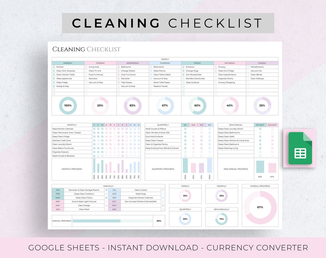 Cleaning Checklist Spreadsheet Template for Google Sheets - Etsy Canada