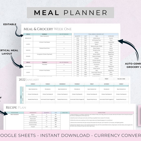 Weekly Meal Planner and Grocery List Google Sheets Digital Planner Spreadsheet Template, Meal Plan, Weekly Monthly Meal Plan, Recipe Book