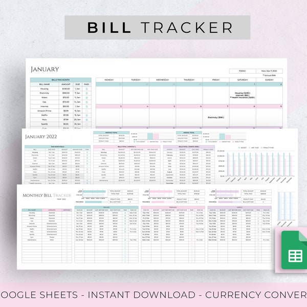Bill Tracker Google Spreadsheet-sjabloon Spreadsheet, factuurkalender, checklist voor factuurbetaling, budgetsjabloon, financiële planner digitale planner