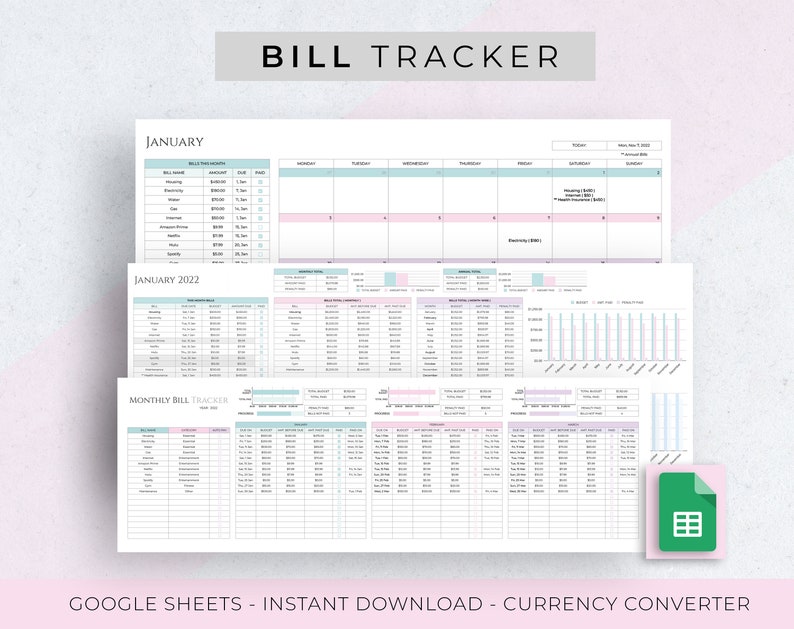 Bill Tracker Google Sheet Template Spreadsheet Bill Calendar - Etsy