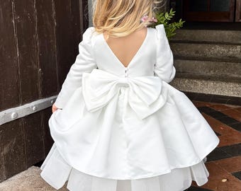 Elegante vestido de satén para niña de las flores: mangas largas, lazo grande, para bebé o niña pequeña - boda de invierno, dama de honor