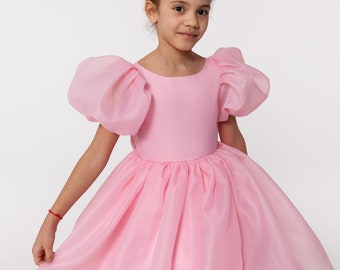 Pink flower girl dress with puffy sleeves and aline skirt, girl dress with open back and bow, wedding guest dress for girl