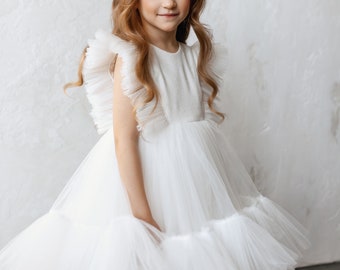 White flower girl dress glitter, Shimmer tulle girl gown, Girl dress for wedding, Birthday girl dress, 1st communion kid's dress for girl