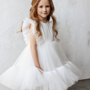 White flower girl dress glitter, Shimmer tulle girl gown, Girl dress for wedding, Birthday girl dress, 1st communion kid&#39;s dress for girl