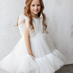 White flower girl dress glitter, Shimmer tulle girl gown, Girl dress for wedding, Birthday girl dress, 1st communion kid's dress for girl image 1