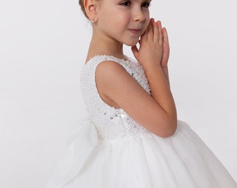 Tutu flower girl dress white, summer junior bridesmaid dress for girl, sequin girl dress, kids dress with big bow
