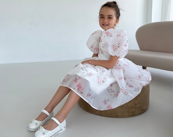 Floral Girl Dress: Boho Wedding, Birthday Party, Cotton Organza