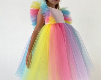 Rainbow flower girl dress, Tulle girl dress, Birthday girl dress, Tutu girl dress, Flower girl dress for wedding, Christmas girl dress