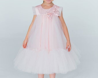 Rosa Blumenmädchen Kleid, Satin Tüll Puffy Mädchenkleid, Barbie Prinzessin Mädchen Kleid Boho, Hochzeitsgast Kommunion Geburtstag Bogen Kleid