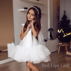 White Tulle Flower Girl Dress: Knee Length Tutu, Silver Bow