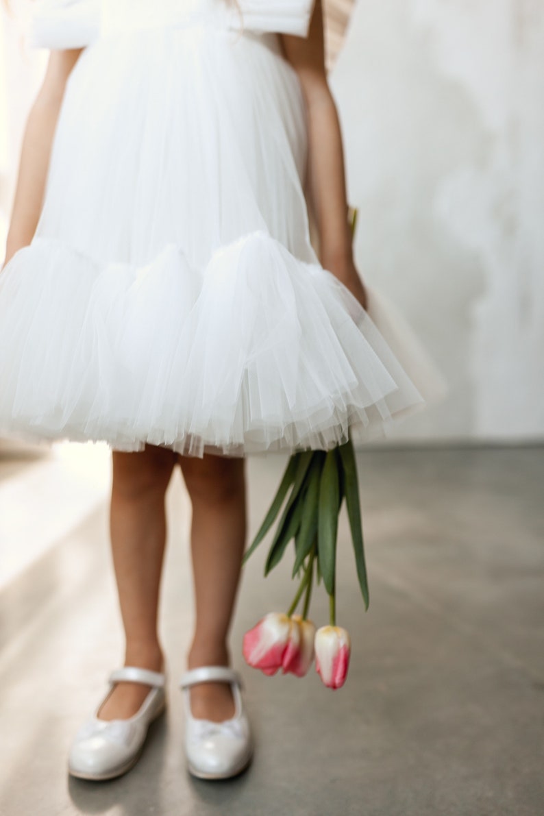 White flower girl dress glitter, Shimmer tulle girl gown, Girl dress for wedding, Birthday girl dress, 1st communion kid's dress for girl image 5