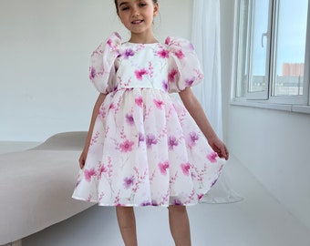 Birthday girl dress ~ Floral kids dress ~ flower girl skater dress with puffy sleeves ~ White bridesmaids girl with pink and purple flowers