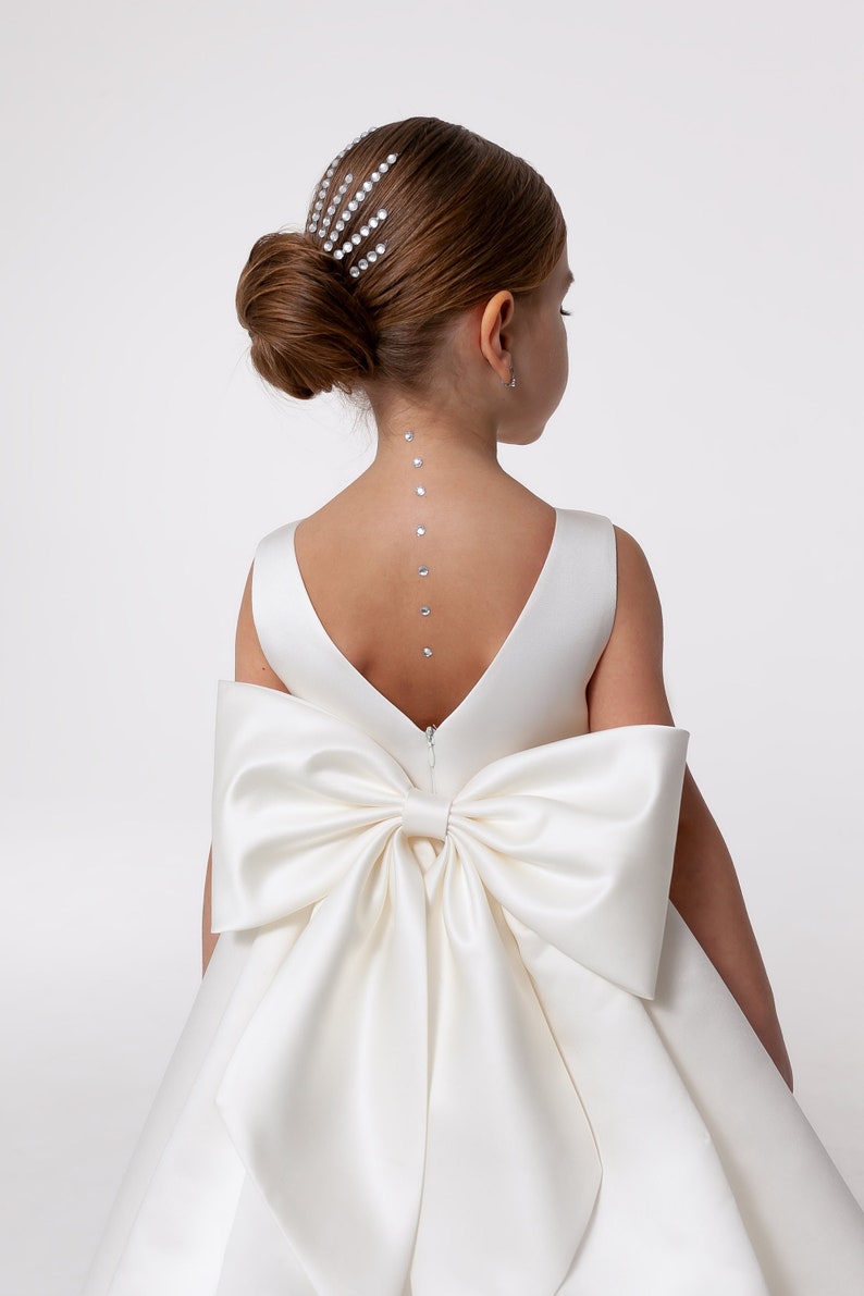 White satin flower girl dress big bow, toddler wedding dress, junior bridesmaid girl dress for wedding party, baptism christening dress image 2