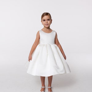 White satin flower girl dress big bow, toddler wedding dress, junior bridesmaid girl dress for wedding party, baptism christening dress image 4