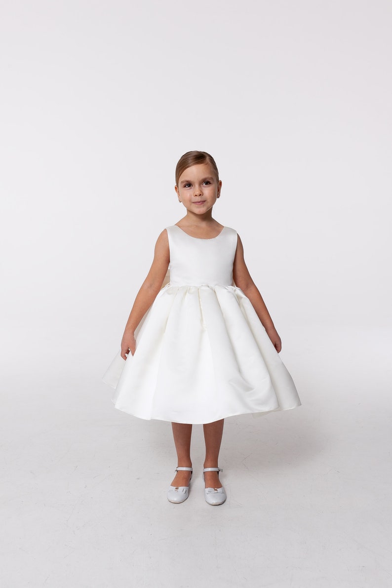 White satin flower girl dress big bow, toddler wedding dress, junior bridesmaid girl dress for wedding party, baptism christening dress image 4