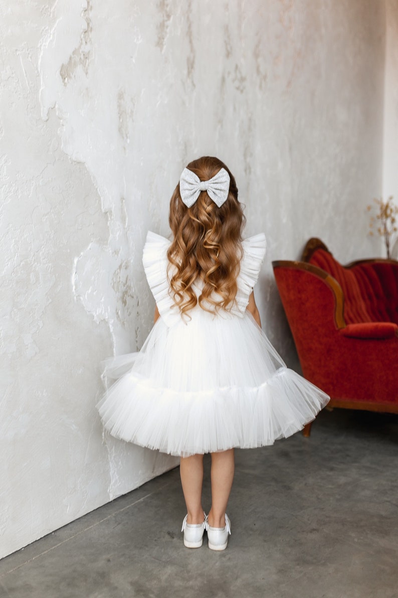 White flower girl dress glitter, Shimmer tulle girl gown, Girl dress for wedding, Birthday girl dress, 1st communion kid's dress for girl image 7