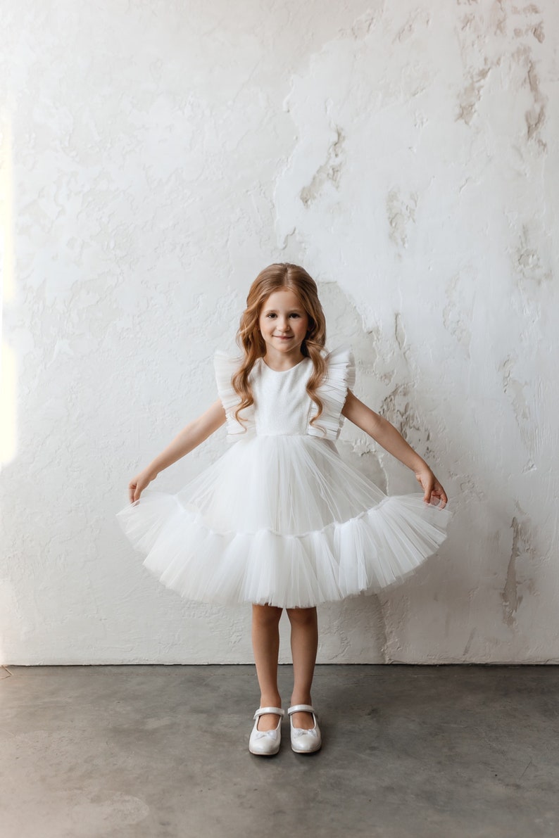 White flower girl dress glitter, Shimmer tulle girl gown, Girl dress for wedding, Birthday girl dress, 1st communion kid's dress for girl image 6