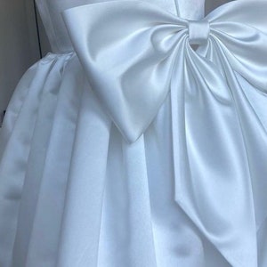 White satin flower girl dress big bow, toddler wedding dress, junior bridesmaid girl dress for wedding party, baptism christening dress image 9
