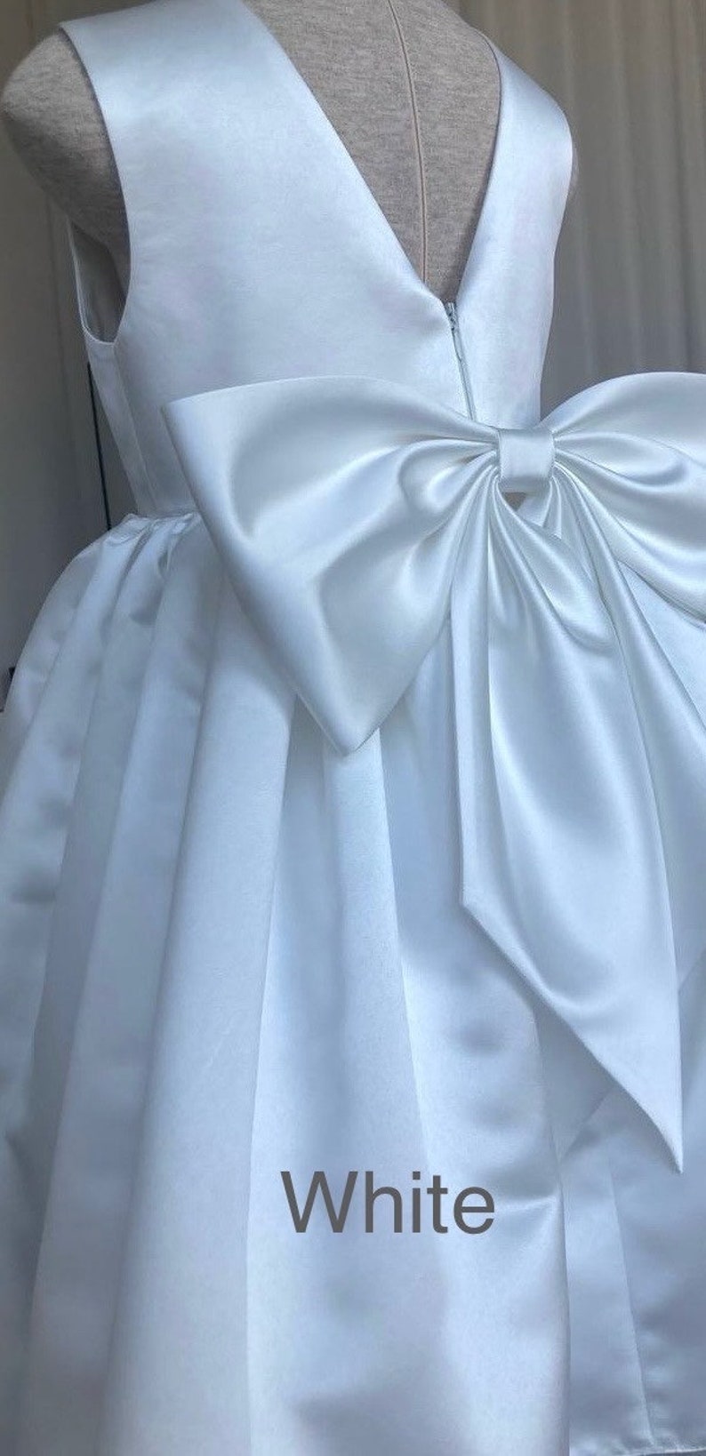 White satin flower girl dress big bow, toddler wedding dress, junior bridesmaid girl dress for wedding party, baptism christening dress image 9