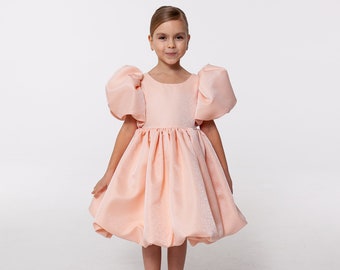 Blush girls dress, peach girl dress with puffy bell sleeves, flower girl dress with bow