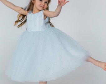 Blaues Blumenmädchenkleid ~ Baby Tüllkleid für Kinder ~ Weihnachten, Geburtstag, Fotoshooting, Partykleid ~ Tutu Mädchenkleid ~ Brautjungfernmädchen