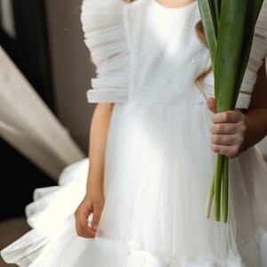 White flower girl dress glitter, Shimmer tulle girl gown, Girl dress for wedding, Birthday girl dress, 1st communion kid's dress for girl image 8