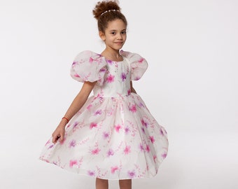 Pink flower girl dress with puffy sleeve, floral organza girl dress, wedding girl dress, special occasion toddler dress, girl party dress