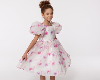 Pink Floral Organza Girl Dress: Puffy Sleeve Party Dress