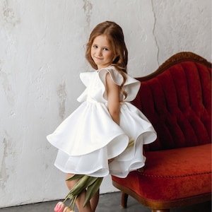 Satin flower girl dress white, junior bridesmaids wedding guest girl dress, christening baptism toddler baby dress, communion tutu dress