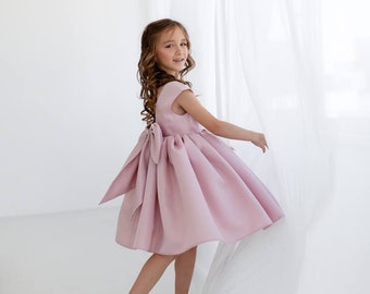 Pale pink dusty rose flower girl dress with large bow, puffy dress junior bridesmaid, wedding, special occasion, formal toddler dress