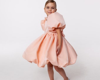 Blush girls dress, peach girl dress with puffy bell sleeves, flower girl dress with bow, junior bridesmaid girl dress for wedding party,