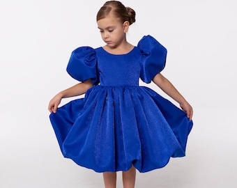 Blue flower girl dress, birthday party girl dress, navy blue formal kids dress, toddler princess dress, prom ball gown kids dress sleeve
