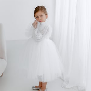 White tulle flower girl dress, tutu girls dress, puffy skirt toddler dress, white party girl dress, Communion dress with long sleeves