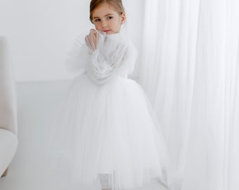 White tulle flower girl dress, tutu girls dress, puffy skirt toddler dress, white party girl dress, Communion dress with long sleeves