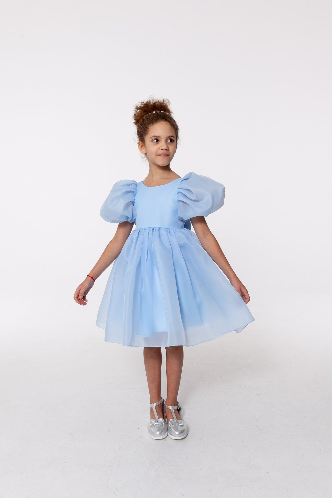 Baby Blue Flower Girl Dress With Bow, Beach Summer Baby Girl Dress Open